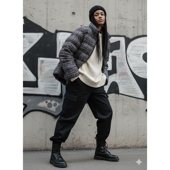 Lands' End Jackets & Blazers - Lands End Womens 2X Puffer Jacket Black Gray Tweed Print Down Filled Quilted Zip